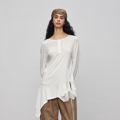 纯棉 半圆原创女装[文艺]2025秋季宽松不规则长袖白色T恤女上衣