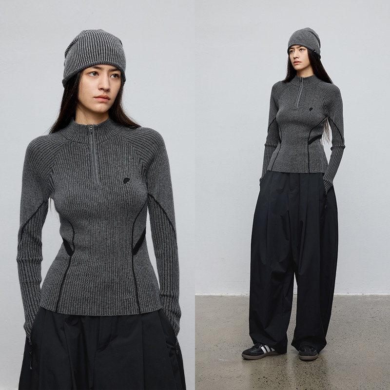 羊毛混纺 半圆原创女装[运动]2025秋季半高领拉链保暖修身毛衣女