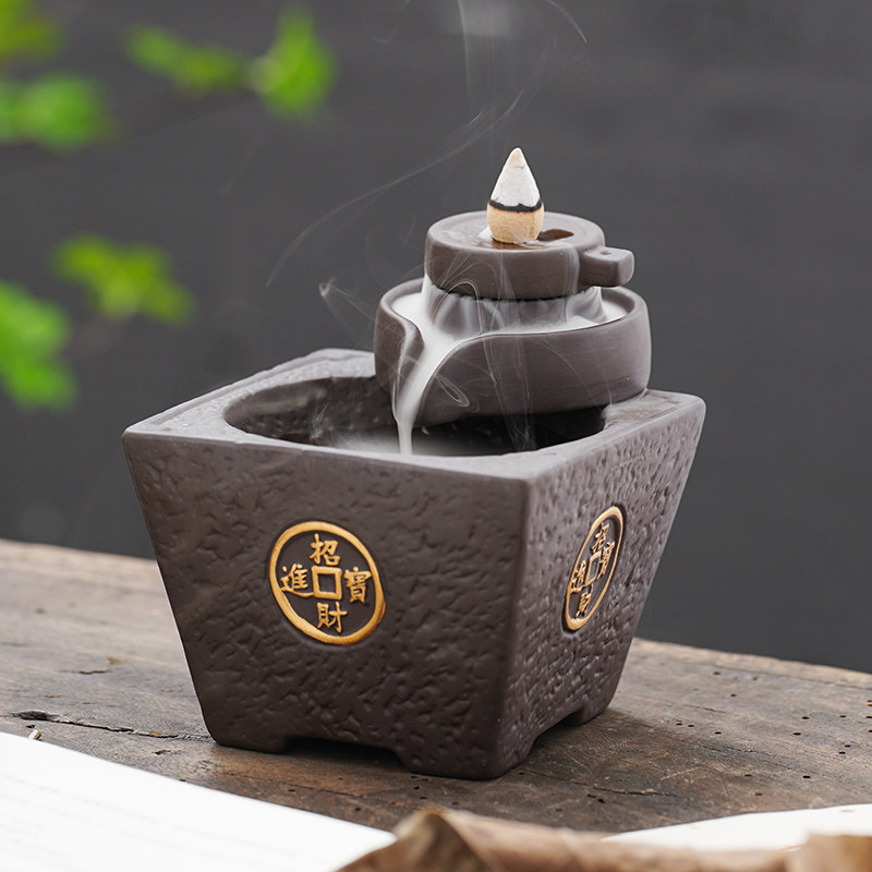 时来运转创意沉香瀑布流云观赏客厅中式装饰陶瓷倒流香炉摆件
