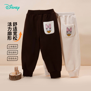 迪士尼童装女童加绒长裤春秋冬季甜美黛西保暖薄绒休闲束脚裤子