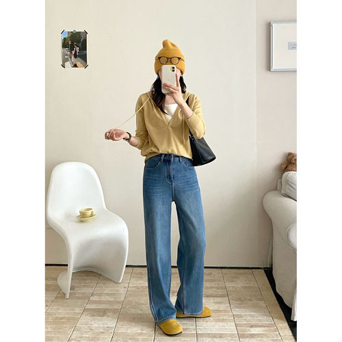 高弹显瘦奥粒绒牛仔直筒裤