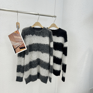 慵懒风宽条纹圆领套头马海毛衫 12.11 3343韩版 HOU 福利