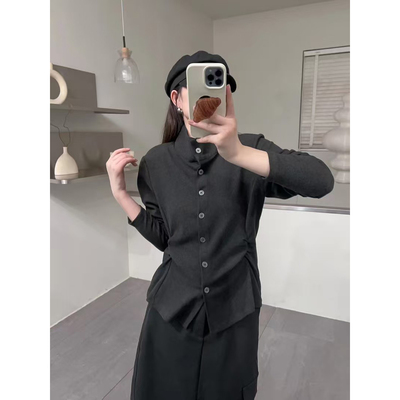 褶皱收腰显瘦双面德绒立领打底衫