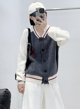 1.9 福利 HONG-6090韩版小狗提花撞色插肩袖全羊毛开衫