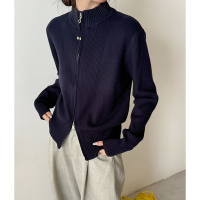 双拉链头拉链立领毛衣开衫