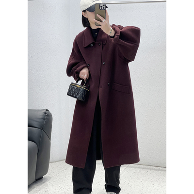 绵羊毛双排扣翻领长款手工大衣