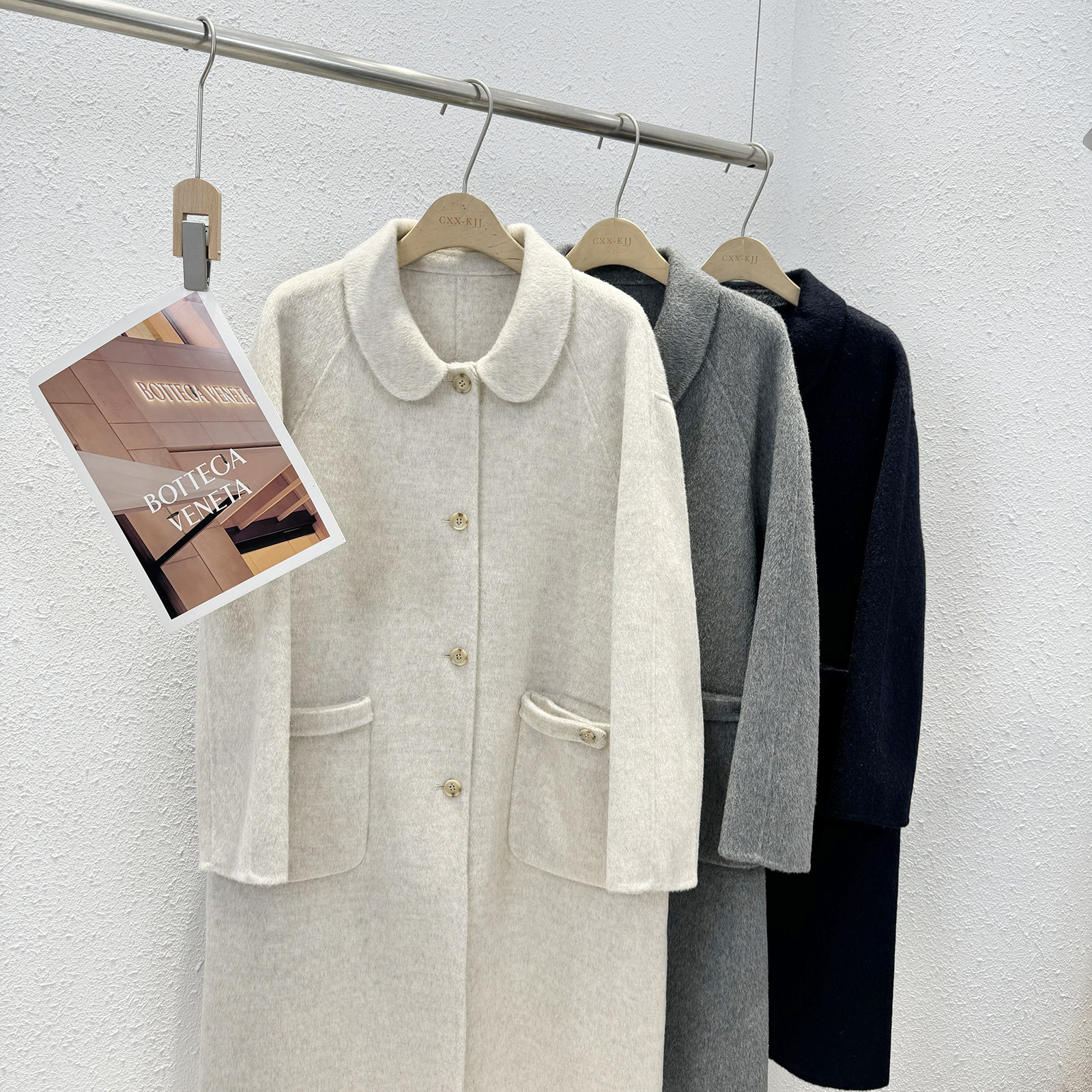 口袋设计翻领长款双面羊毛大衣