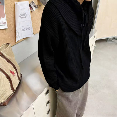 可拆卸帽加厚坑条全羊毛衫