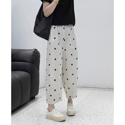 刺绣波点纯亚麻气球裤