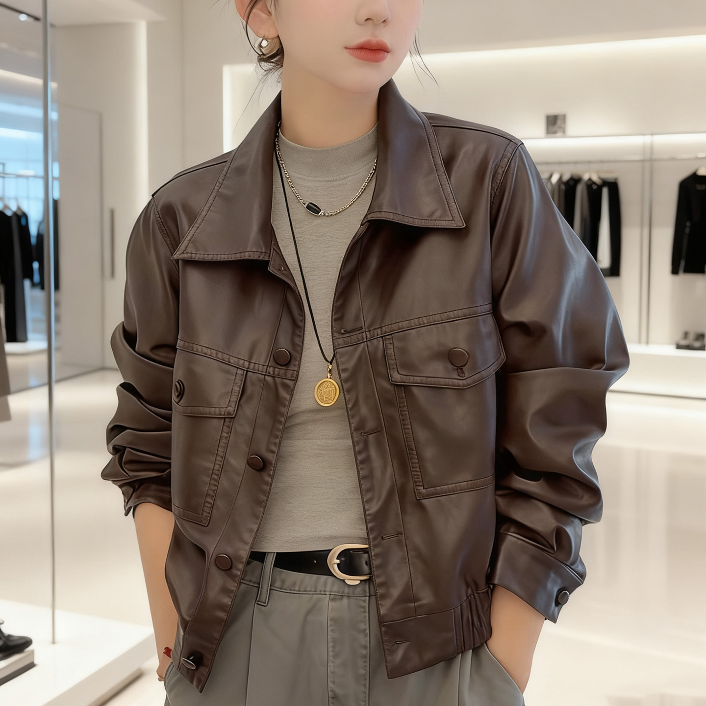 小个子洋气皮衣外套女短款春秋新款机车服上衣韩版宽松pu皮夹克潮