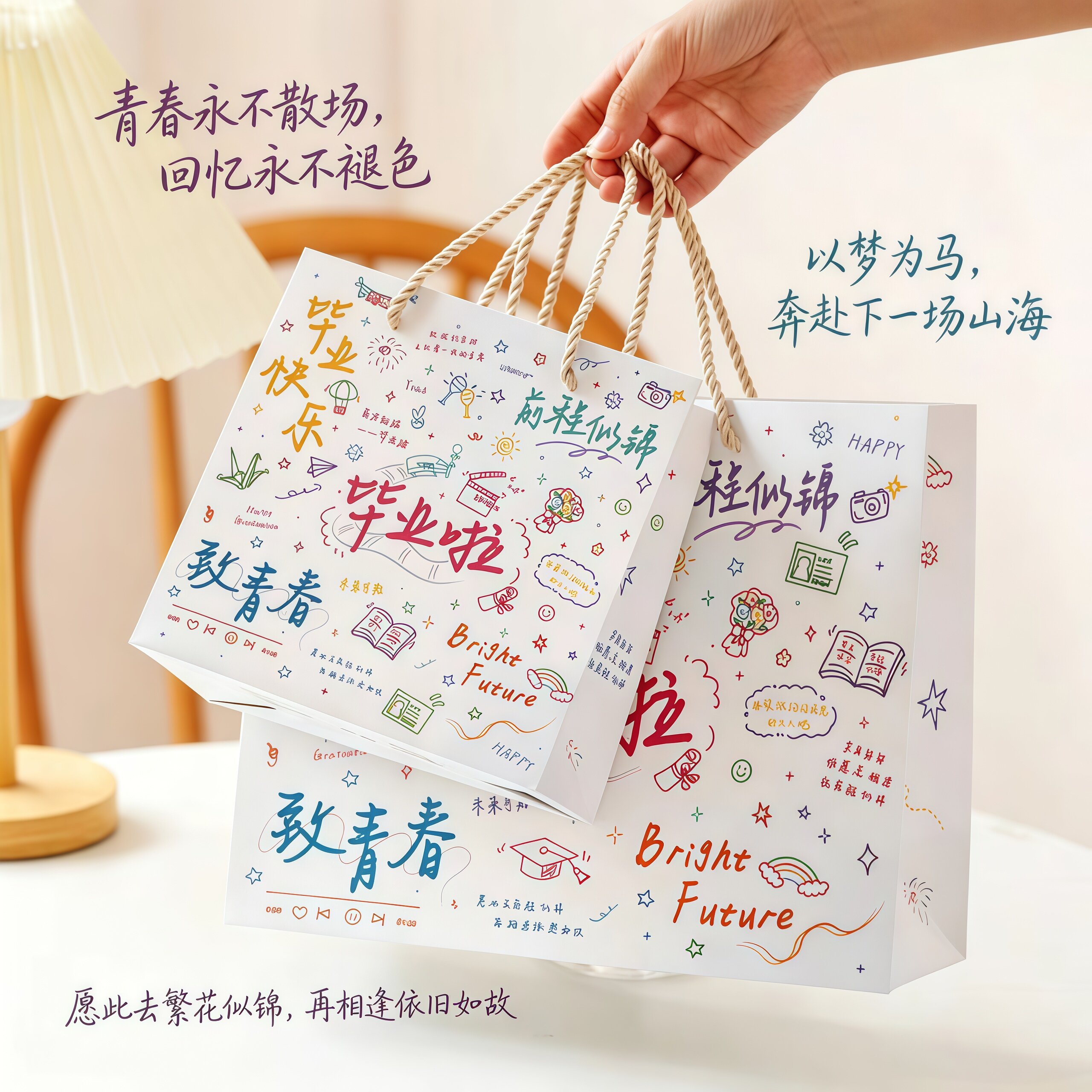 毕业季礼品袋送同学礼物致青春手提袋ins涂鸦绘画风伴手礼收纳袋