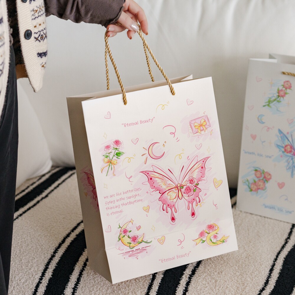 冠淘 小清新玫瑰蝴蝶礼物包装袋日常送礼礼物手提袋加厚白卡纸袋