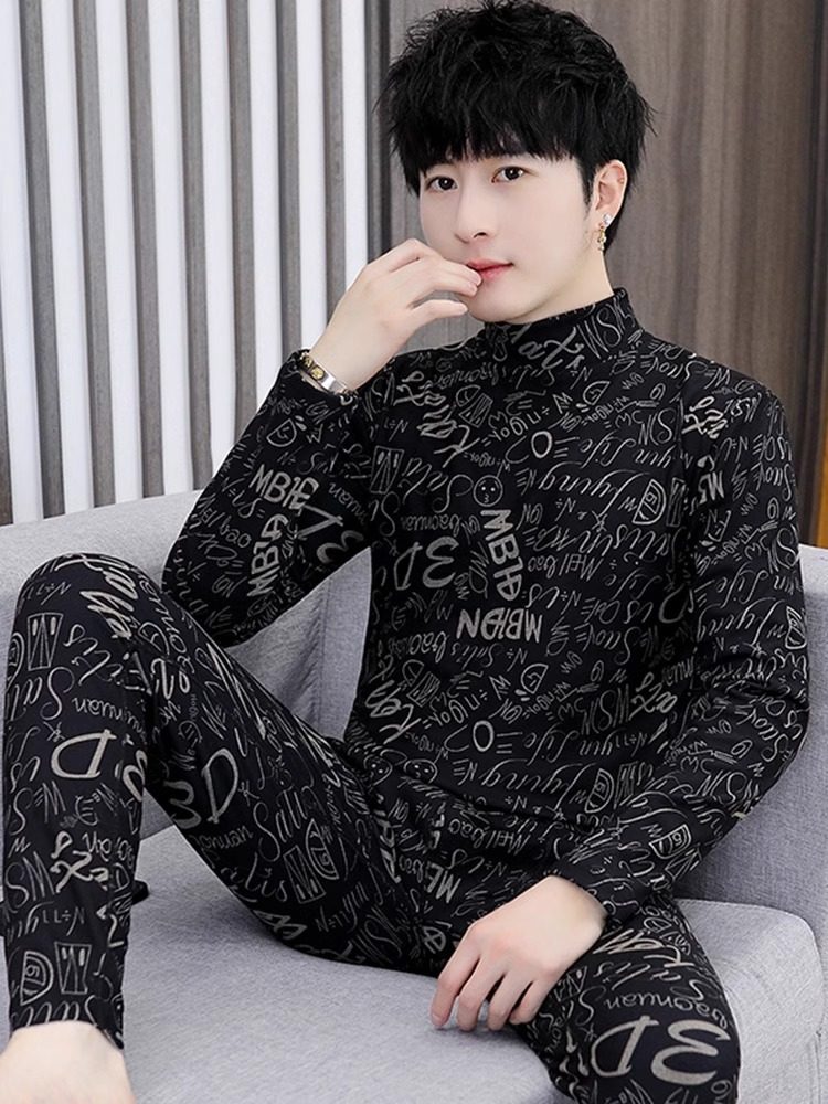 保暖内衣男士秋冬季德绒中领加绒修身打底衫潮流男款秋衣秋裤套装