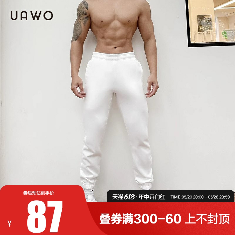 uawo秋冬季卫裤男士宽松运动健身潮流百搭休闲纯色直筒束脚长裤子