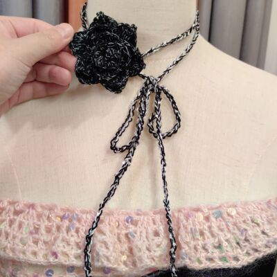 黑玫瑰项链Handmade black rose Crochet shining Necklace
