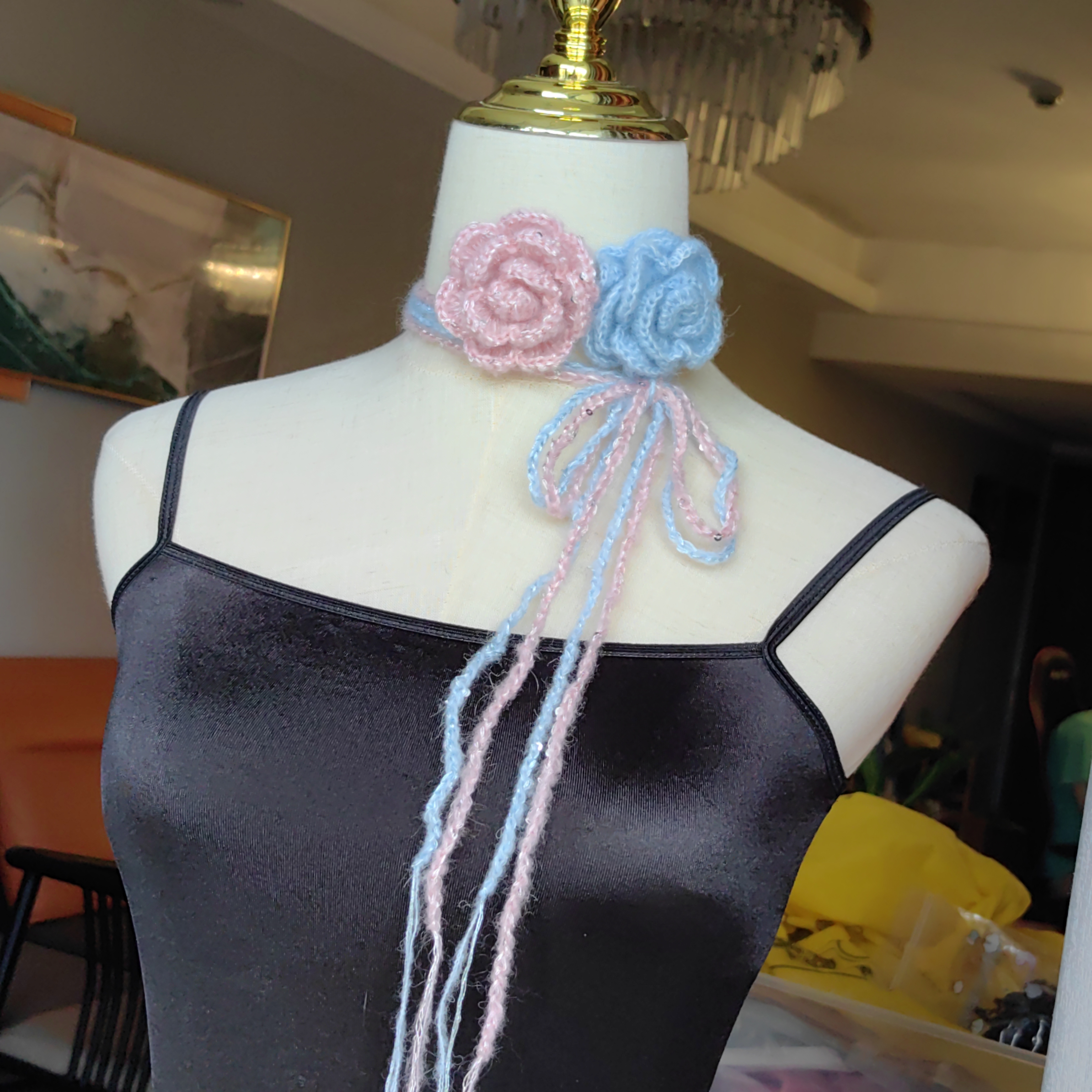 纯手工项链蓝粉玫瑰两条装梦幻圆玫瑰手工配饰handmade necklaces