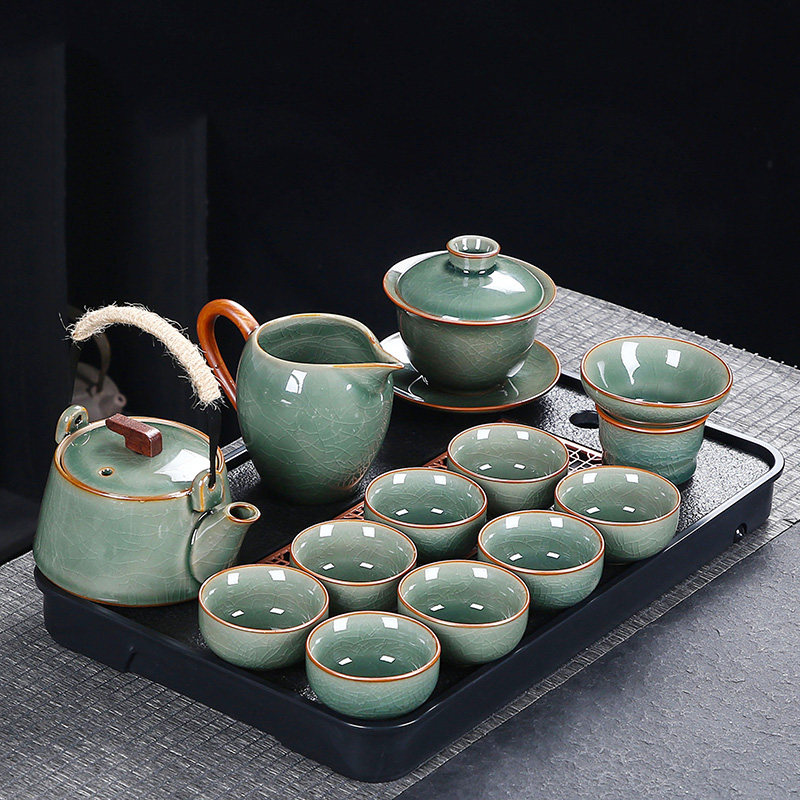 高档哥窑功夫茶具套装家用客厅陶瓷功夫茶杯盖碗茶盘整套2023新款