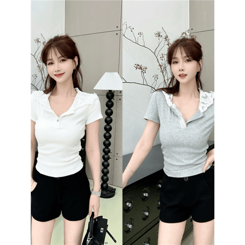 卡卡女装南法轻盐蕾丝连帽衫假两件T恤女减龄上衣