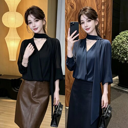 卡卡女装官方正品优雅飘带设计感飘带V领时尚长袖衬衫上衣