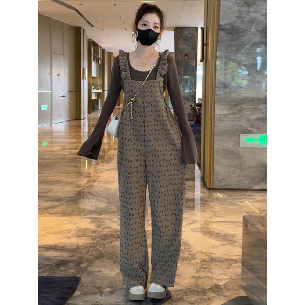JOYIASS时尚套装女2025秋季新款洋气显瘦针织打底衫碎花背带裤减