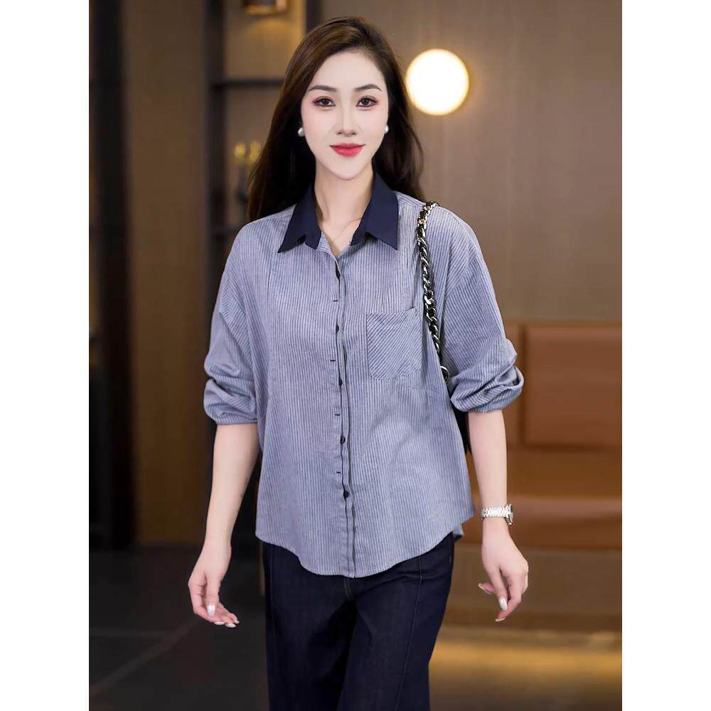 JOYIASS条纹衬衫女士长袖上衣服2025早秋季新款宽松遮肚显瘦时尚