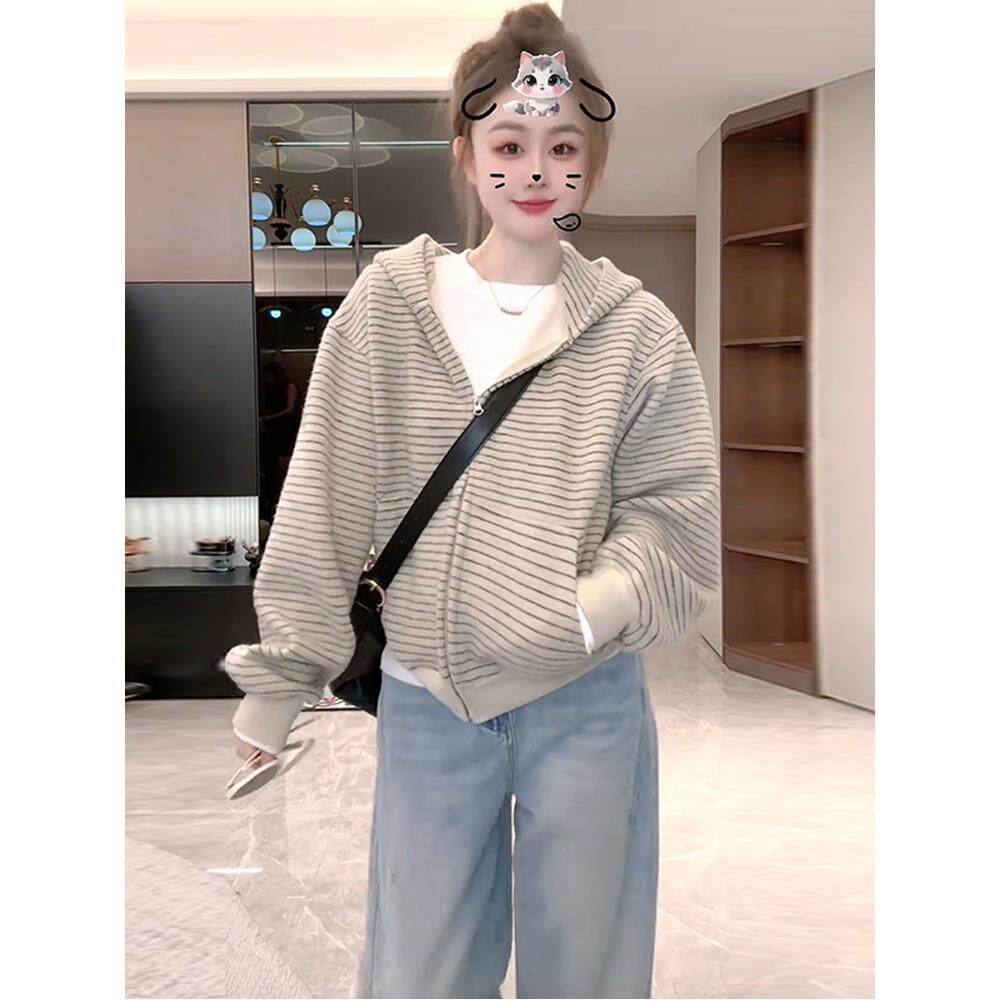 JOYIASS美式开衫条纹连帽外套女2025秋季新款洋气宽松小众休闲时