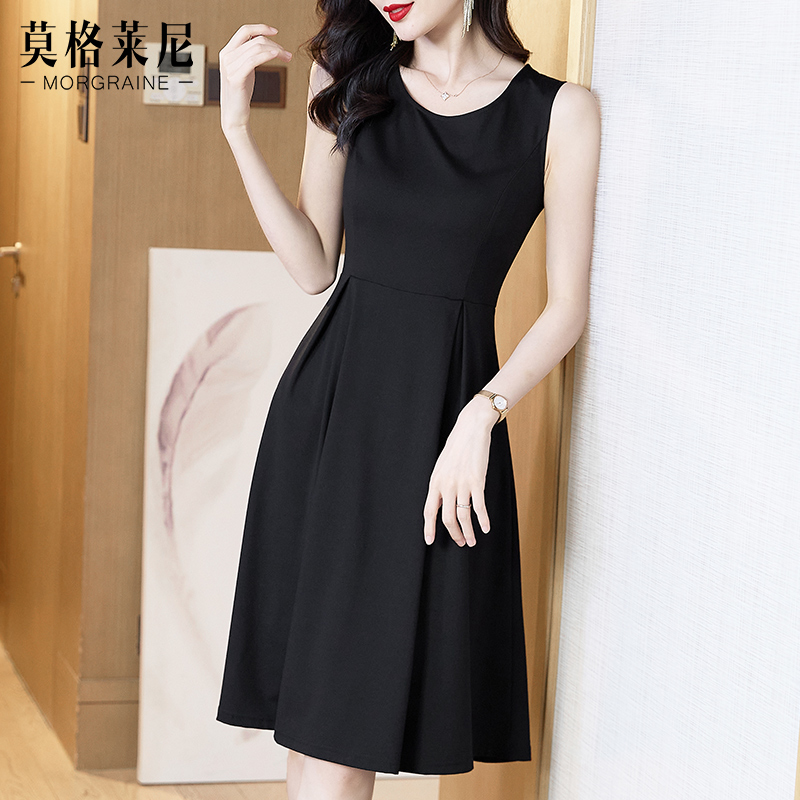 2025新款女夏季无袖背心连衣裙收腰显瘦气质通勤黑色打底吊带裙子