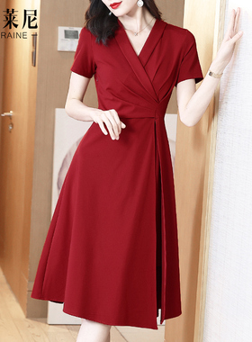 v领气质红色连衣裙2026新款女夏季高级感收腰显瘦法式赫本小红裙