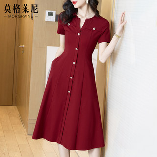 红色修身连衣裙收腰显瘦气质名媛赫本小红裙2024年新款女夏季短袖