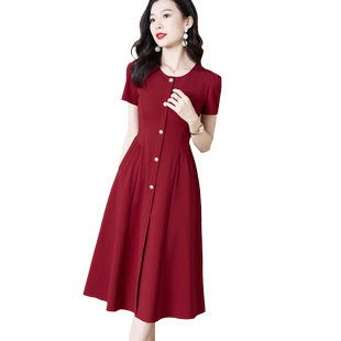 红色连衣裙2026新款女夏季短袖高端气质收腰显瘦复古红裙子高级感