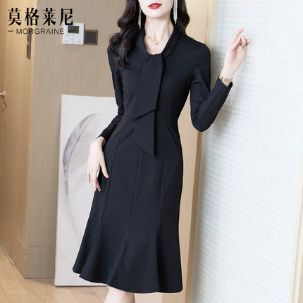 2025秋季新款女装轻奢黑色高级感修身显瘦气质长袖包臀鱼尾连衣裙