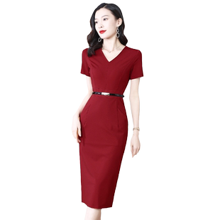 红色连衣裙2026新款女夏季短袖V领修身显瘦气质包臀开叉长款裙子