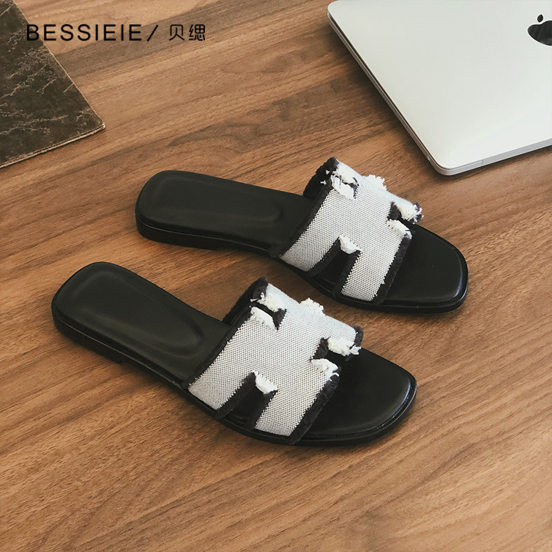 【热卖】BESSIEIE/贝缌 H型沙滩一字拖真皮大底流苏凉鞋时尚