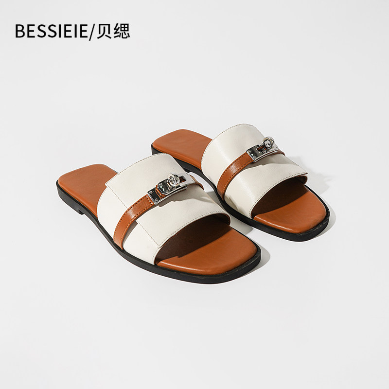 BESSIEIE/贝缌夏季平底拖鞋经典KELLY扣方头凉鞋