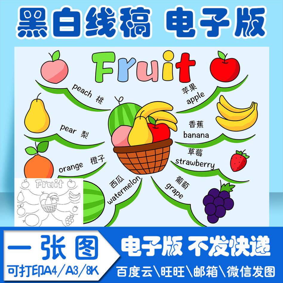 英语思维导图电子版水果英语手抄报模板黑白线稿图a3a48k