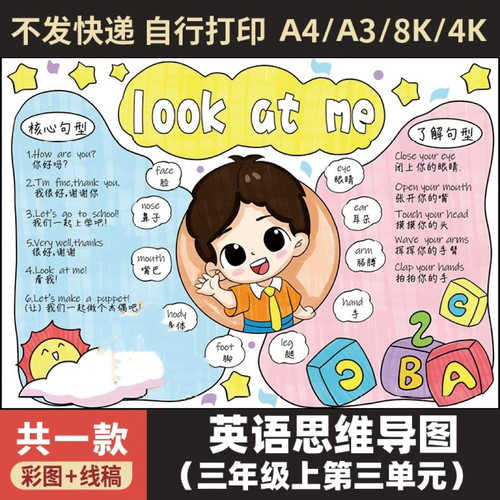 英语三年级上册第三单元Look at me思维导图手抄报模板电子版A4A3