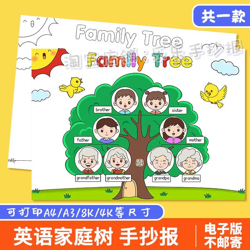 我的家庭family tree英语手抄报模板小学生英文小报电子黑白线稿