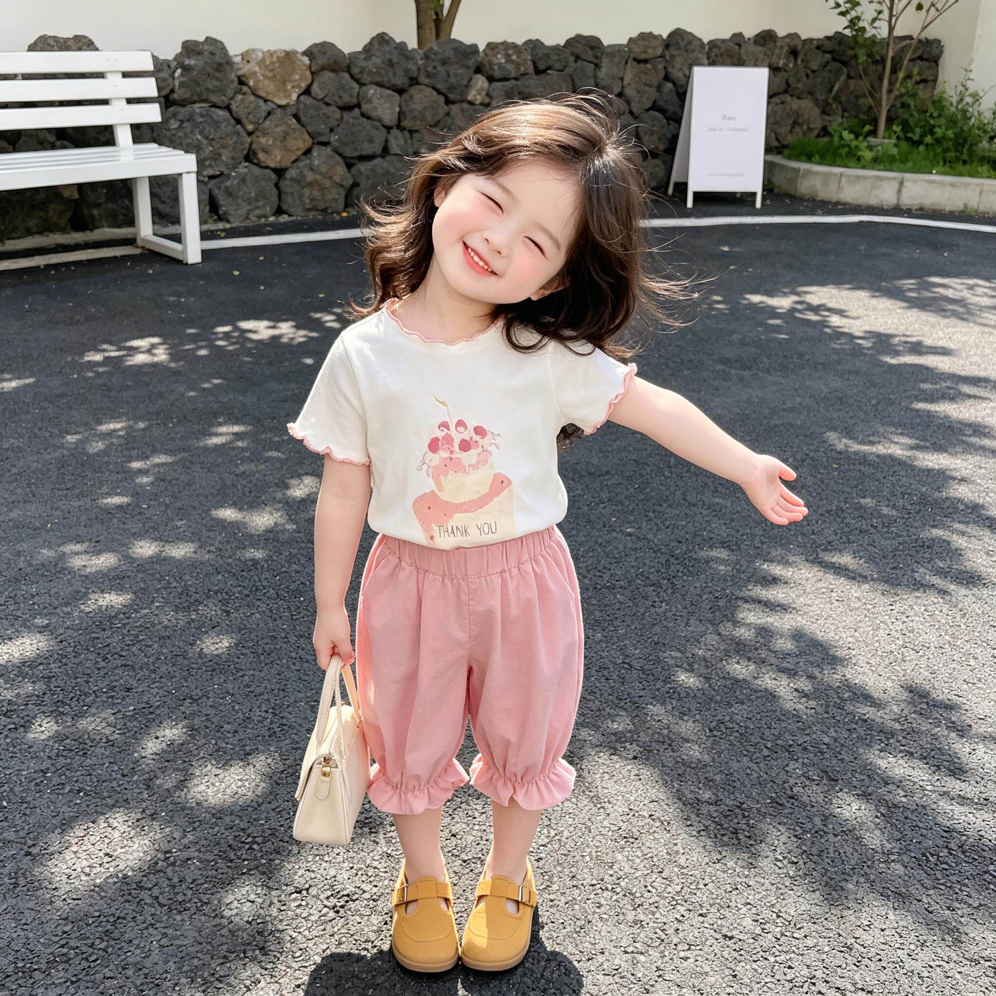 女宝宝夏装套装2026新款休闲卡通洋气吸汗束脚七分裤幼儿园两件套