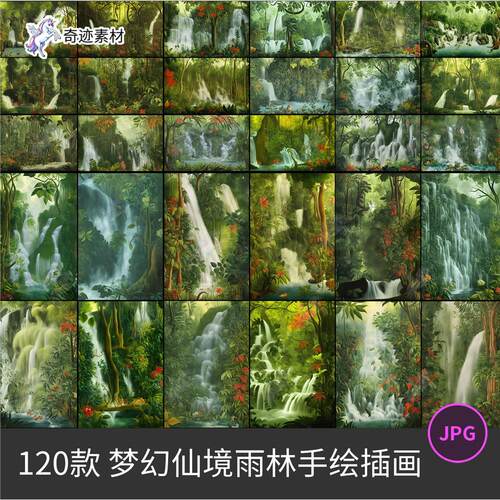 ps后期梦幻仙境超现实主义热带雨林瀑布艺术手绘插画JPG图片素材