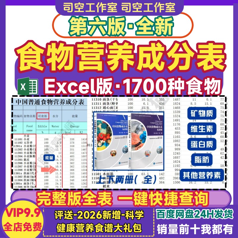 中国食物成分表第六版excel电子版2025新健身减脂食品营养表大全