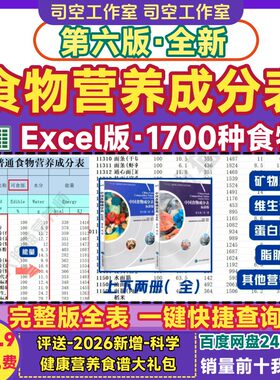 中国食物成分表第六版excel电子版2025新健身减脂食品营养表大全