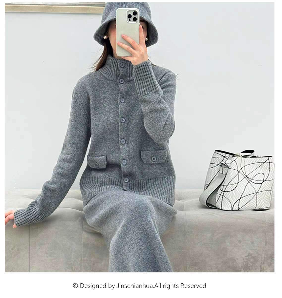 韩版设计感气质纯色立领单排扣毛衣外套纯山羊绒百搭上衣潮款通勤