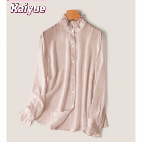 真丝衬衫女2025春季新款100%桑蚕丝长袖木耳边通勤时尚立领上衣