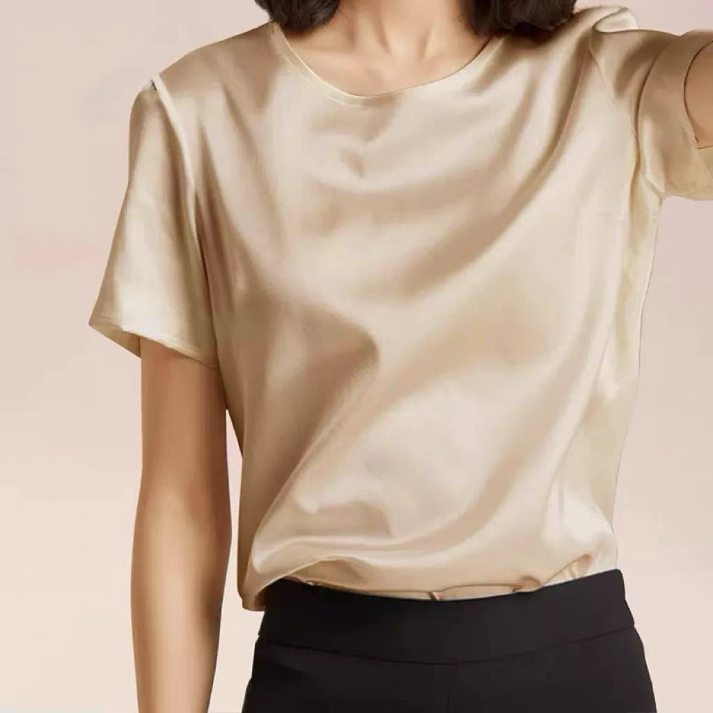 重磅真丝短袖T恤女夏100%桑蚕丝宽松休闲纯色上衣显瘦圆领打底衫