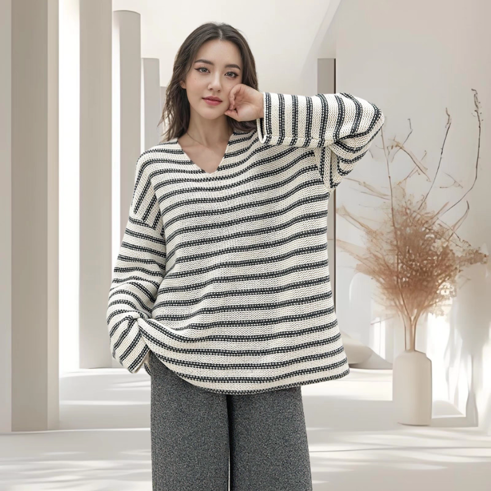 意大利奢柜秋冬新款宽松套头条纹长袖针织衫慵懒风山羊绒毛衣女