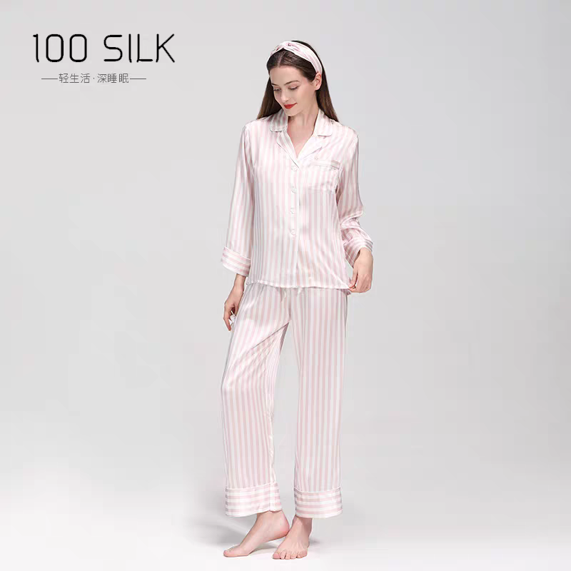 真丝桑蚕丝睡衣女19姆米条纹春夏秋款100桑蚕丝v领女士家居服套装
