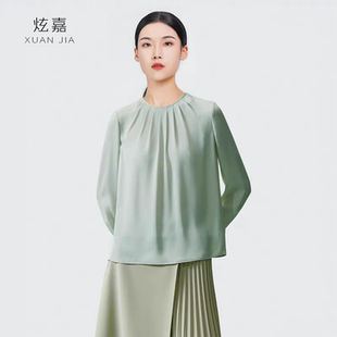 19姆米真丝衬衫女2026春夏新款双乔丝绸简约通勤打褶圆领长袖上衣