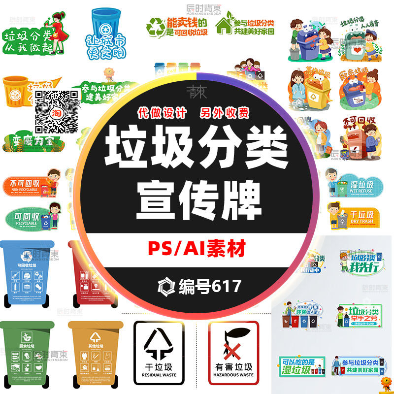卡通人物垃圾分类手举牌宣传设计素材模板psd/ai广告模板素材设计