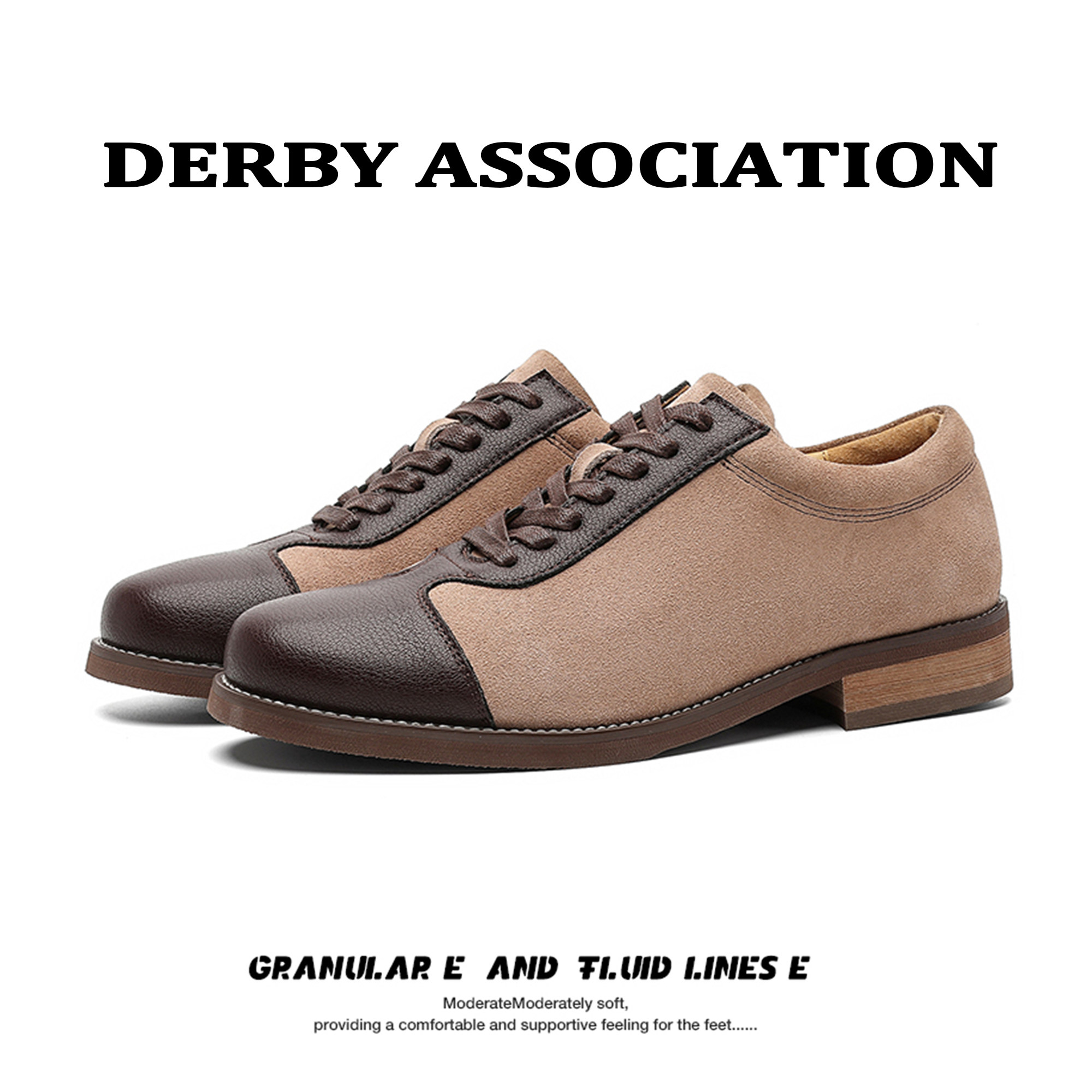 Derby Association手工缝制男士真皮拼接休闲皮鞋厚底工装德比鞋
