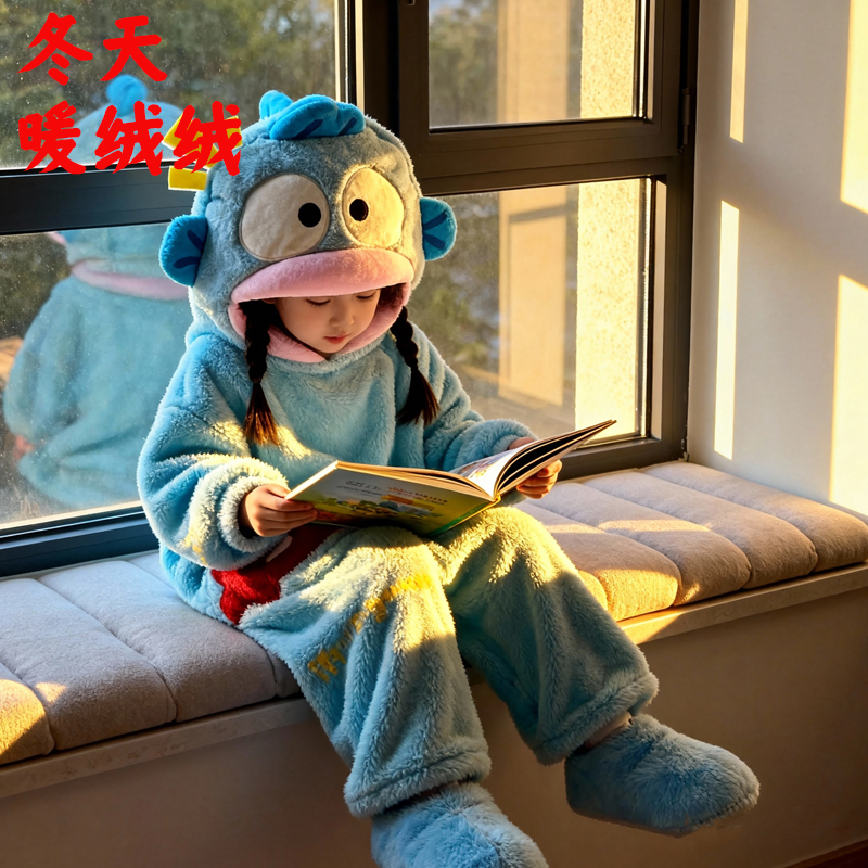 小丑鱼睡衣连体秋冬季珊瑚绒加绒加厚保暖大头卡通睡袍儿童男女童